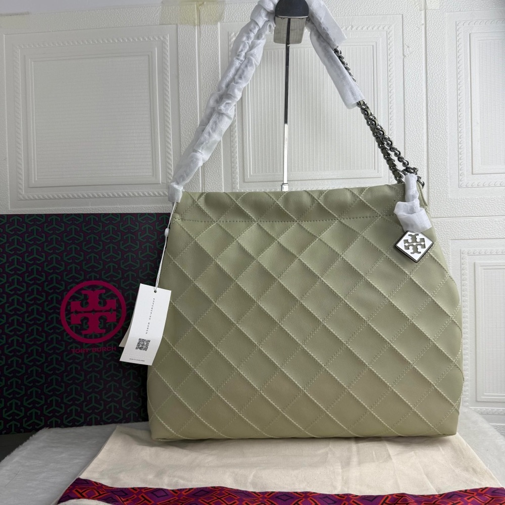 Tory Burch Light Green Quilted Leather Chain Shoulder Tote Bag